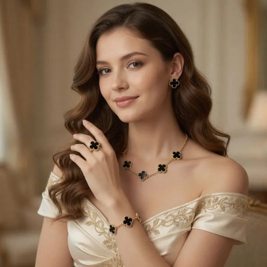 Luxury Black Clover 5-Piece Jewelry Set – 14K Gold Plated Stainless Steel Necklace, Bracelet, Earrings & Ring