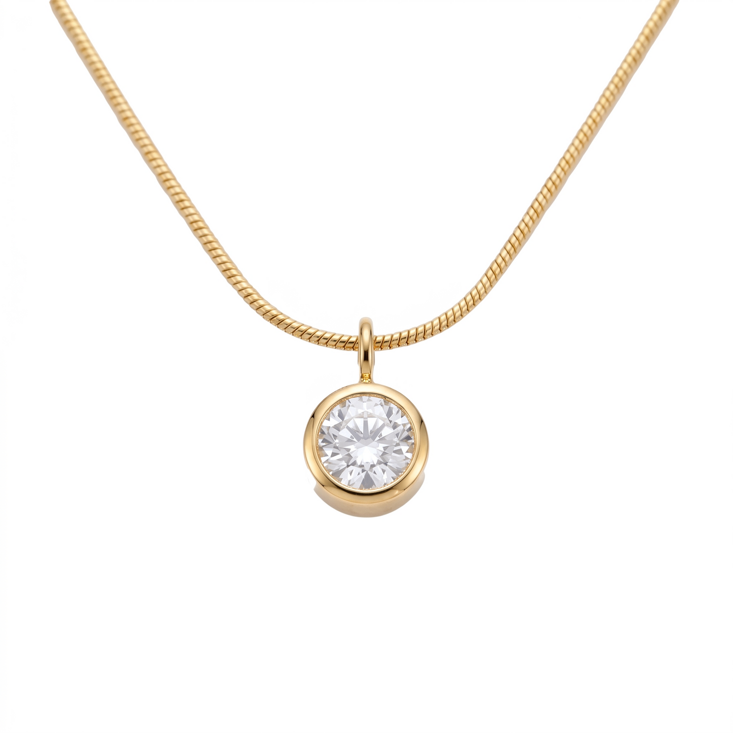Gold necklace with a round diamond pendant on a white background