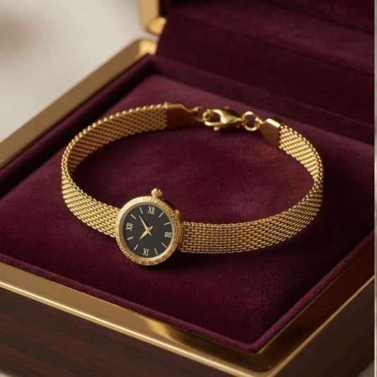 Timeless Mesh" Gold Bracelet Watch with Black Dial - Roman Numerals