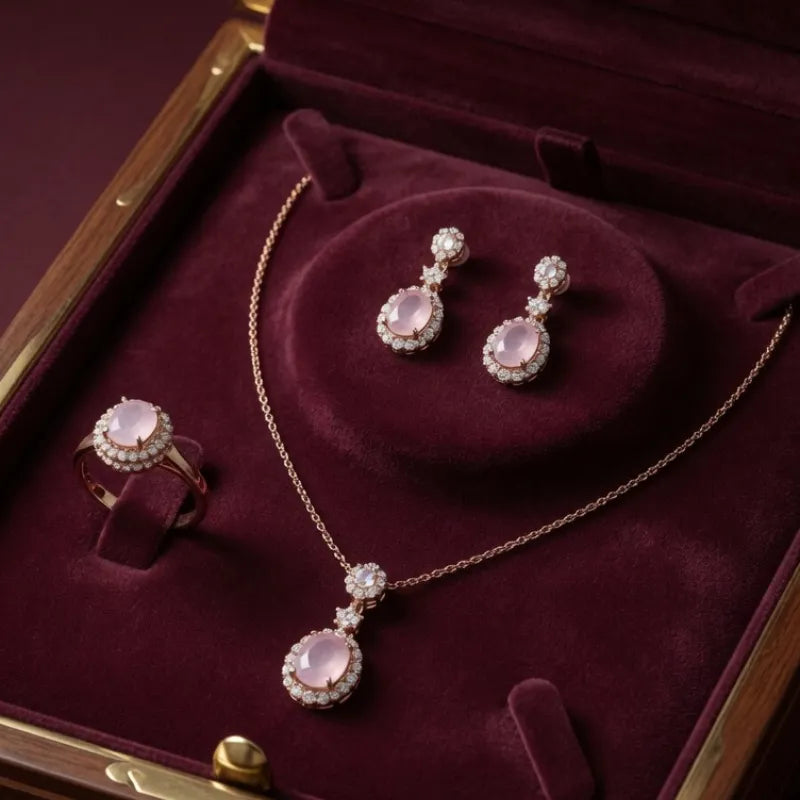 Elegant Rose Gold Pink Teardrop Jewelry Set
