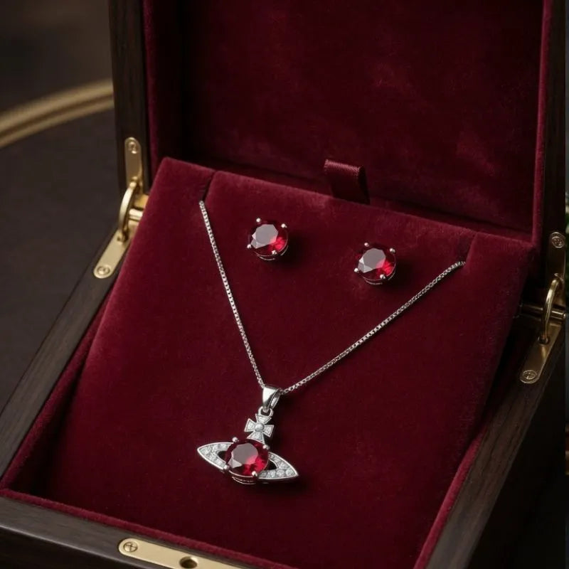 Silver Red Saturn Planet Jewelry Set