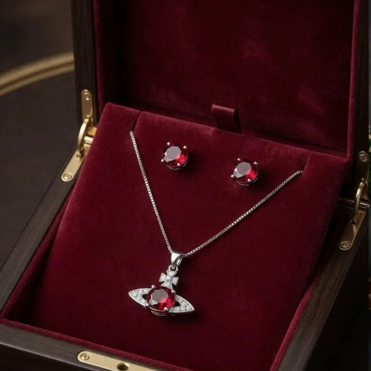 Silver Red Saturn Planet Jewelry Set