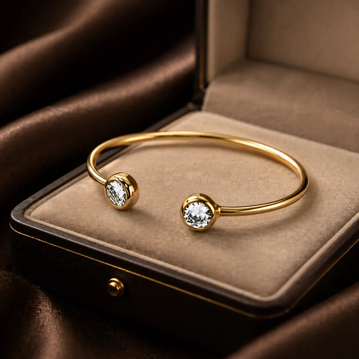 Minimalist Gold Open Cuff Bracelet with Dual Bezel-Set Crystal Ends