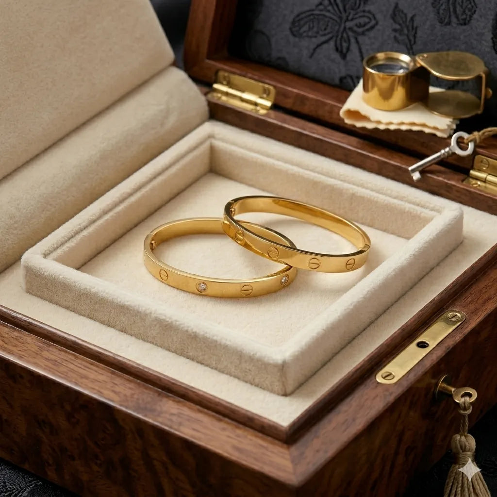 Luxury Love Screw Motif 1 Gold Bangle Bracelet with Crystal Accents | Couple & Gift Jewelry