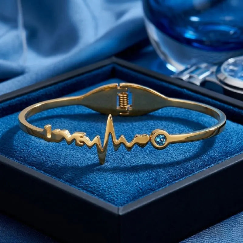 Gold LOVE Heartbeat Bangle Bracelet | ECG Heart Crystal Cuff for Women
