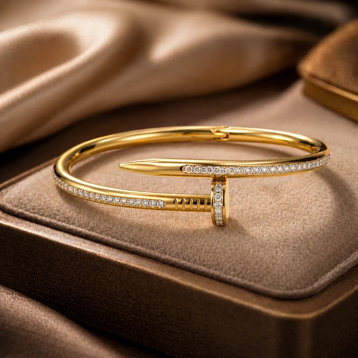 Gold Nail Bangle Bracelet with Pave Crystal Diamonds | Luxury Cuff Bracelet for Women