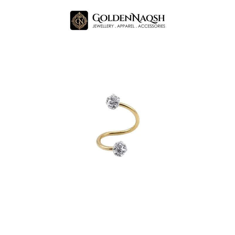 A gold S-shaped ring with two clear gemstones, displayed on a solid white background with the GoldenNaqsh brand logo at the top.