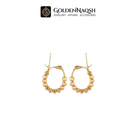 A pair of gold hoop earrings with small beaded detailing along the lower curve, displayed on a clean white background with the GoldenNaqsh brand logo at the top.