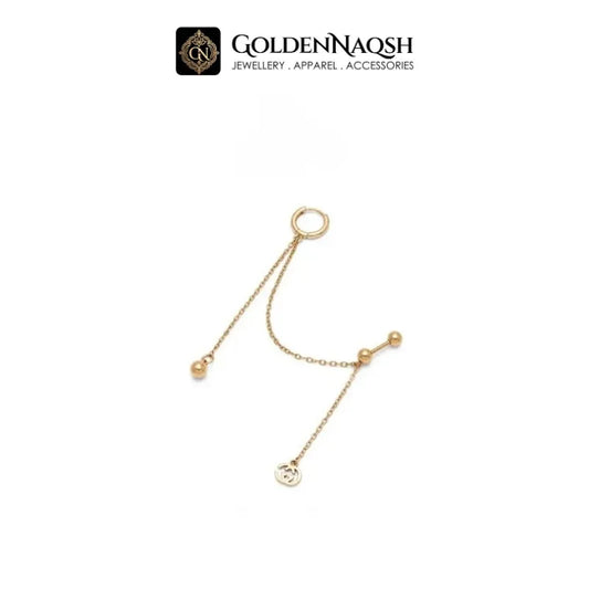 A delicate gold chain accessory with a circular ring at the top, two dangling chains with small bead ends, and a small round initial 'B' charm, displayed on a clean white background with the GoldenNaqsh brand logo at the top.