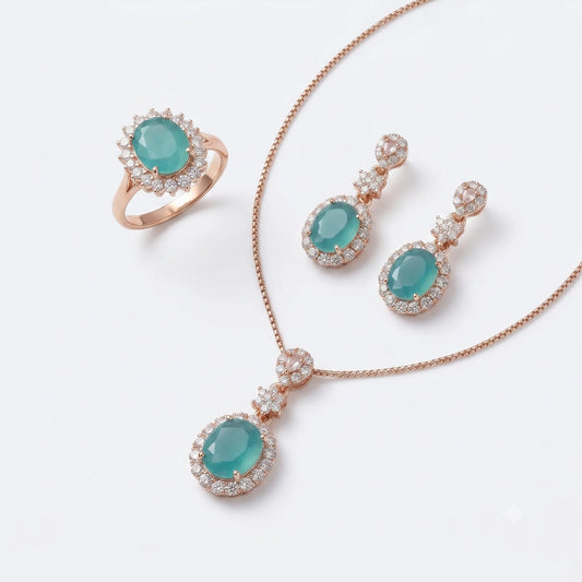 Rose Gold Light Green Halo Jewelry Set