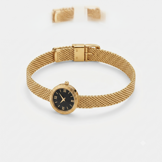 Timeless Mesh" Gold Bracelet Watch with Black Dial - Roman Numerals