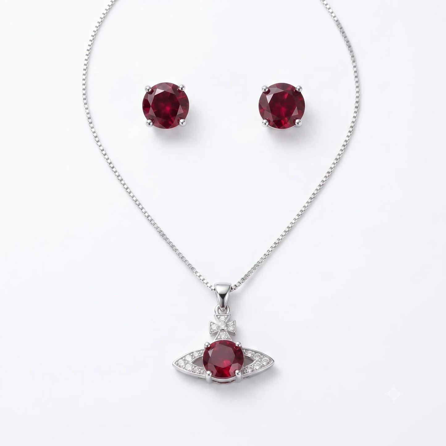 Silver Red Saturn Planet Jewelry Set