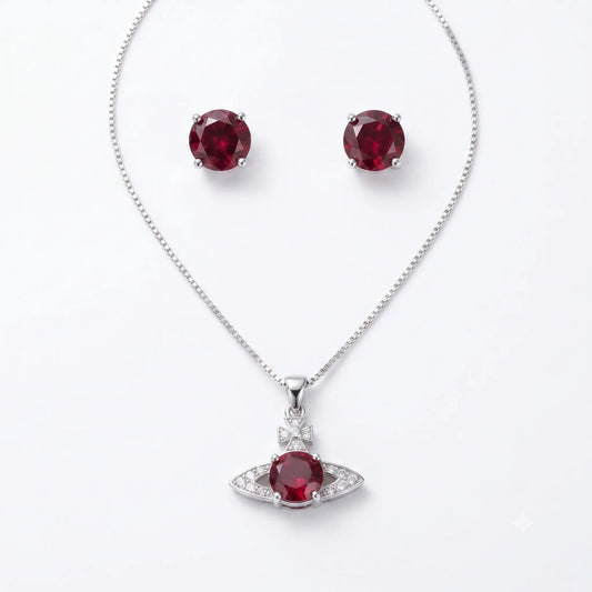 Silver Red Saturn Planet Jewelry Set