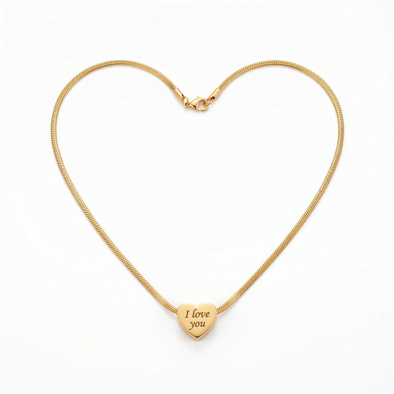 Gold necklace forming a heart shape with a heart-shaped pendant engraved 'I love you' on a white background.