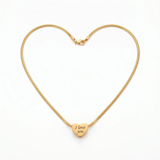Gold necklace forming a heart shape with a heart-shaped pendant engraved 'I love you' on a white background.