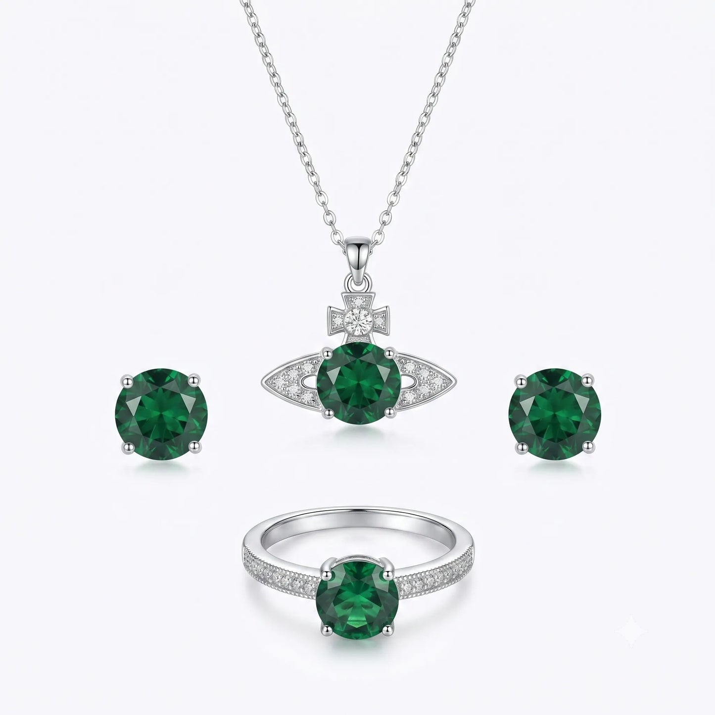 Silver Green Saturn Planet Jewelry Set