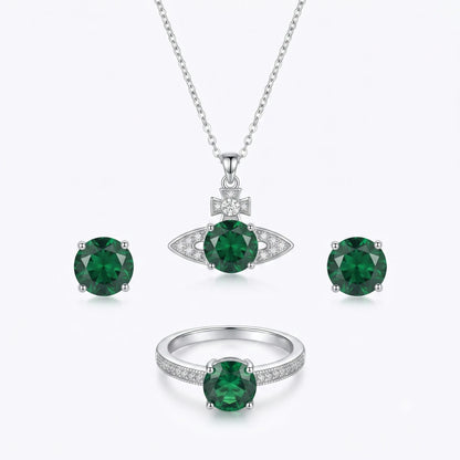 Silver Green Saturn Planet Jewelry Set