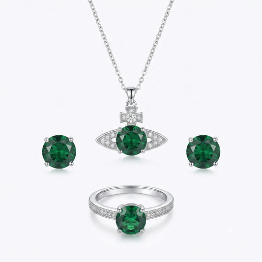 Silver Green Saturn Planet Jewelry Set