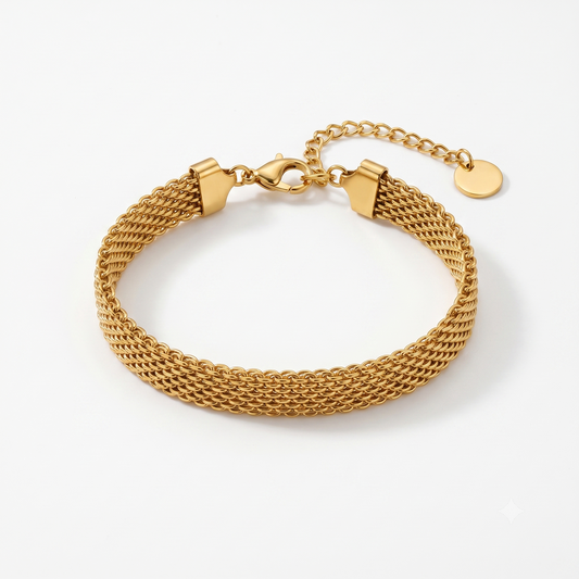 Golden Whisper Mesh Chain Bracelet with Ball Charm - 18K Gold Plated