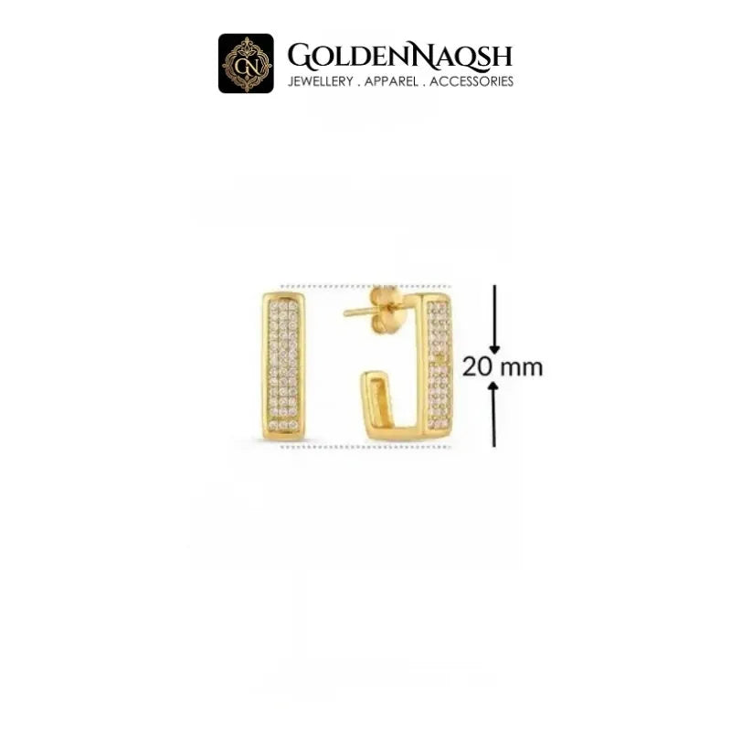 A gold hoop earring with pavé-set clear stones, shown on a white background with a brand logo for GoldenNaqsh at the top and a 20 mm size measurement indicator on the right.
