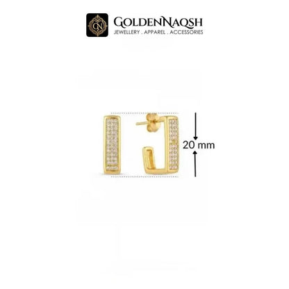 A gold hoop earring with pavé-set clear stones, shown on a white background with a brand logo for GoldenNaqsh at the top and a 20 mm size measurement indicator on the right.