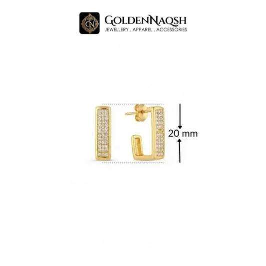 A gold hoop earring with pavé-set clear stones, shown on a white background with a brand logo for GoldenNaqsh at the top and a 20 mm size measurement indicator on the right.