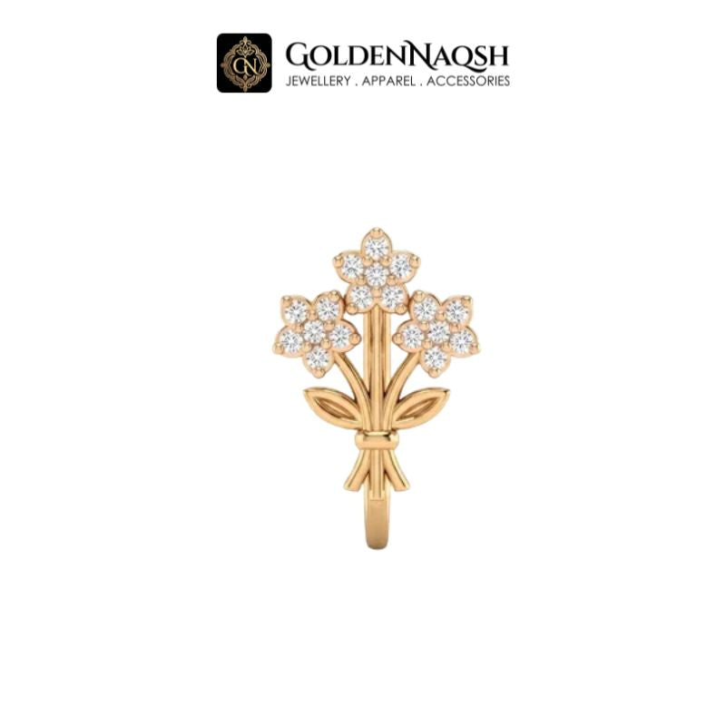A gold flower bouquet ring featuring three flower clusters set with clear stones, displayed on a clean white background with the GoldenNaqsh brand logo at the top.
