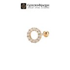 A single gold hoop stud earring with a halo of clear pavé gemstones, shown on a plain white background with the GoldenNaqsh brand logo at the top.