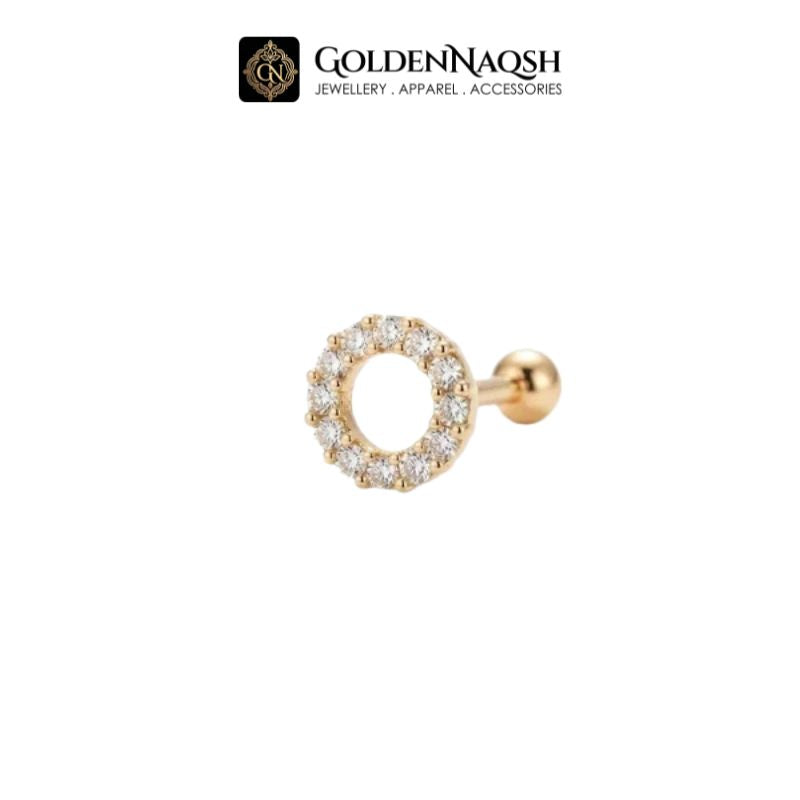 A single gold hoop stud earring with a halo of clear pavé gemstones, shown on a plain white background with the GoldenNaqsh brand logo at the top.