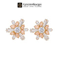 A pair of gold and peach flower-shaped stud earrings with clear marquise and round-cut rhinestones, displayed on a white background with the GoldenNaqsh brand logo at the top.