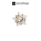 A single star-shaped stud earring featuring a clear faceted crystal set in a gold-tone prong setting, shown against a plain white background with the GoldenNaqsh brand logo at the top.