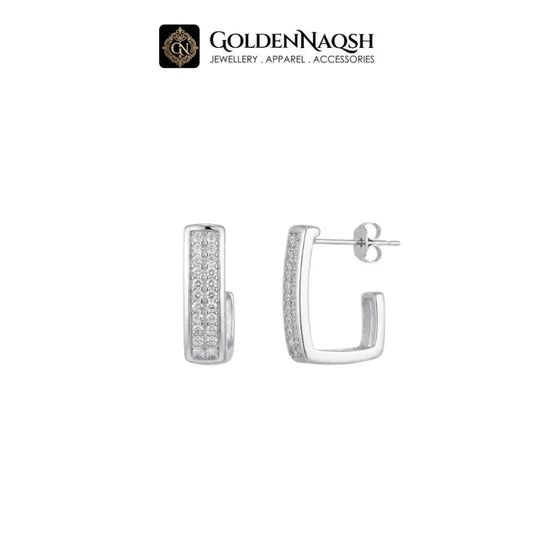 A pair of silver-toned hoop earrings with pavé-set clear stones, shown from front and side angles on a white background with the GoldenNaqsh brand logo at the top.
