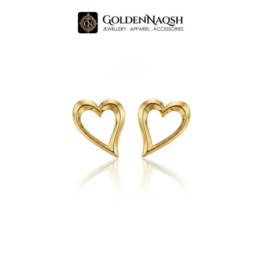 A pair of gold heart-shaped stud earrings with a polished finish, displayed on a clean white background with a reflection below. The brand logo 'GOLDENNAQSH' is visible at the top of the image.
