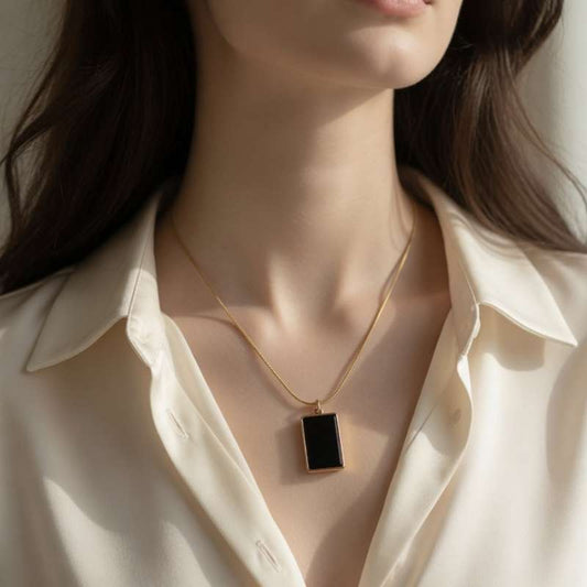 Obsidian Elegance" Black Rectangle Pendant Necklace