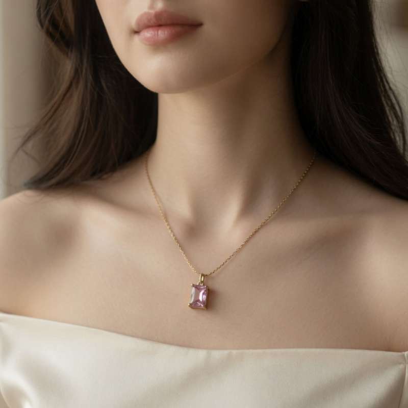 Blush Pink Gem" Rectangle Pendant Necklace