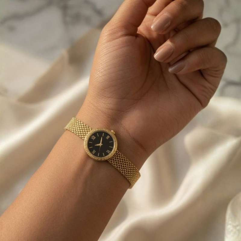Timeless Mesh" Gold Bracelet Watch with Black Dial - Roman Numerals