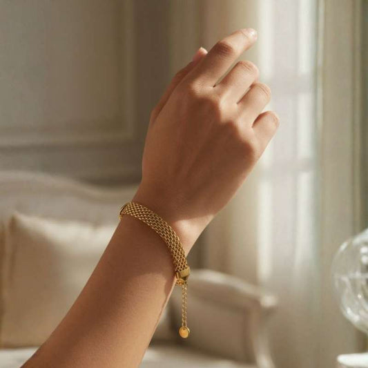 Golden Whisper Mesh Chain Bracelet with Ball Charm - 18K Gold Plated