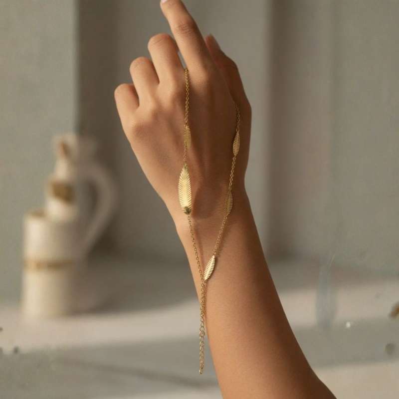 Golden Leaves Hand Chain Bracelet with Leaf Charms