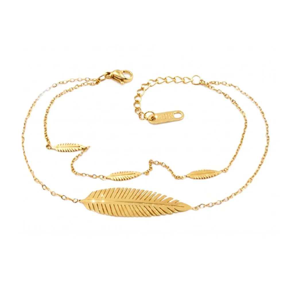 Golden Naqsh 4 Leaf Chain Bracelet featuring a large central feather leaf and three smaller leaf accents on a delicate double strand gold chain