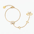 Golden Naqsh Butterfly Hand Chain Bracelet featuring a connected finger ring, white mother-of-pearl butterfly accents, and a delicate gold link chain