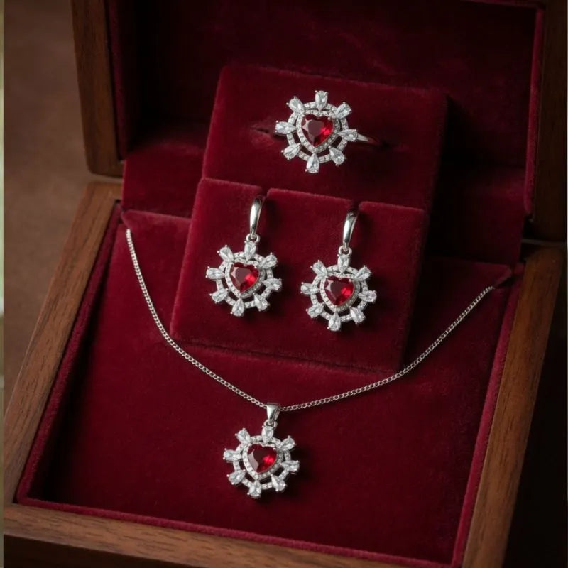 Red Heart Snowflake Jewelry Set
