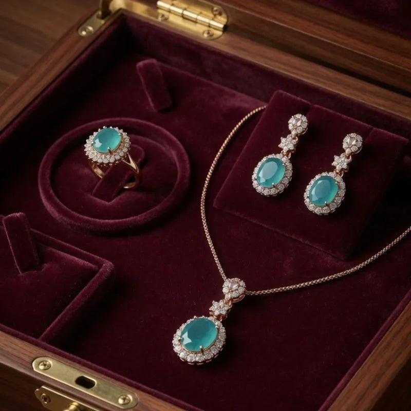 Rose Gold Light Green Halo Jewelry Set