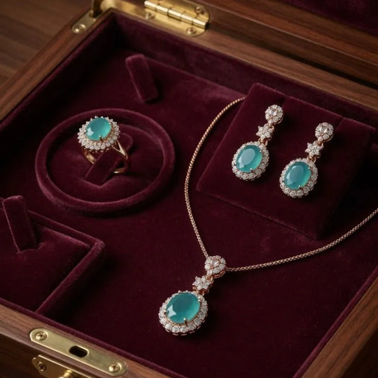 Rose Gold Light Green Halo Jewelry Set