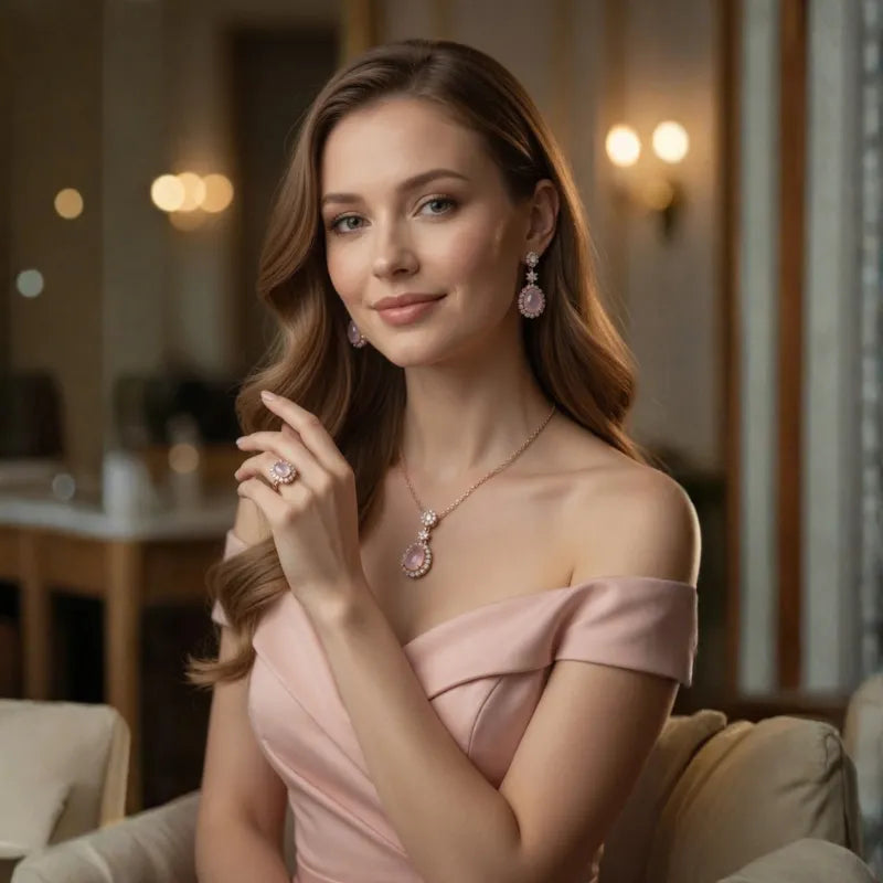 Elegant Rose Gold Pink Teardrop Jewelry Set