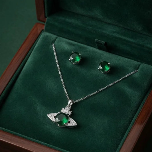 Silver Green Saturn Planet Jewelry Set