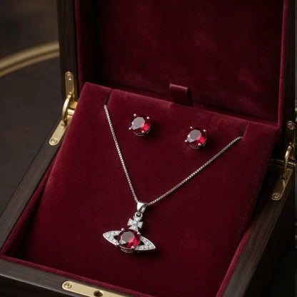 Silver Red Saturn Planet Jewelry Set
