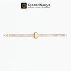A gold bracelet with a central oval bezel and a fluted band set with small clear stones, displayed horizontally on a white background with the GoldenNaqsh brand logo at the top.