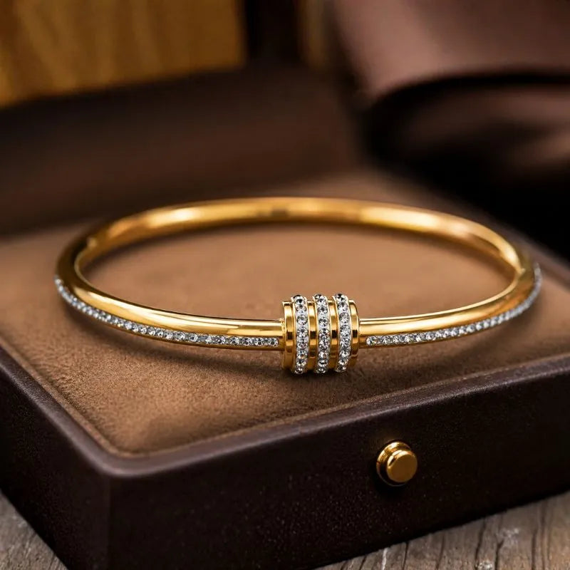 Gold Bangle Bracelet with Crystal Rhinestone Row & Sliding Charm