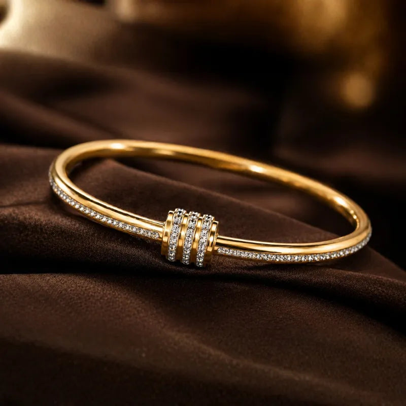 Gold Bangle Bracelet with Crystal Rhinestone Row & Sliding Charm