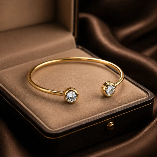 Minimalist Gold Open Cuff Bracelet with Dual Bezel-Set Crystal Ends